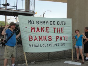 Protesting transit cuts July 2011 at Summerfest, Milwaukee. 