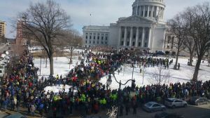 The people of Wisconsin descending to say NO to right-to-work-for-less and other austerity Feb. 24, 2015 [Photo: Overpass Light Brigade]