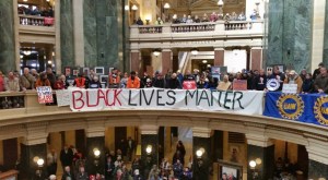 Black Lives Matter Activists supporting unions such as the UAW fighting against right-to-work-for-less Feb. 24, 2015 at the state capitol in Madison.
