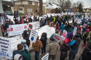 Protest action Feb. 16 at Gov Walker's Wauwatosa home in response to #wibudget cuts to public education and the state's UW System. [Photo: Joe Brusky]