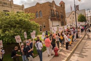Parents, Educators and Staff, Students and Community members protest at Senator Darling's office June 4. Public education supporters brought petitions with 6,000 signatures demanding: Hands Off Milwaukee Public Schools! [Photo: Joe Brusky]